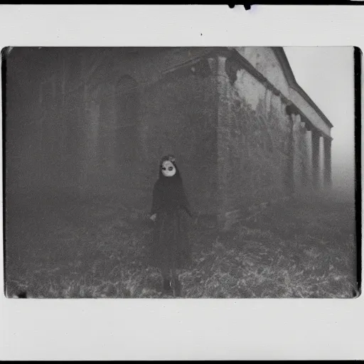 Prompt: an ancient evil-girl devouring the human souls on a mysterious abandoned School , mist, 1910 polaroid photography, grainy film, Black and white