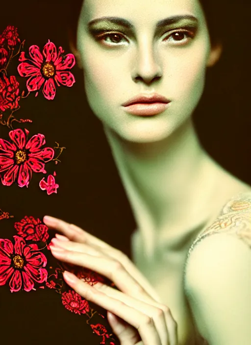 Image similar to kodak portra 4 0 0 double exposure portrait of a beautiful woman in style of antoine d'agata, dressed an ornamental intricate detailed flowers, 1 5 0 mm lens, elegant, highly detailed, sharp focus,, octane render, ethereal, out worldly colours, emotionally evoking, head in focus, soft blur light dreamy, volumetric lighting unreal engine, epic fantasy
