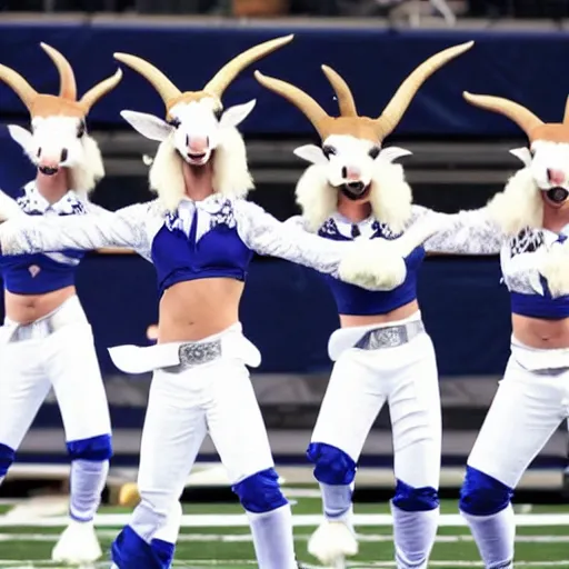 Prompt: Three anthropomorphic goats, dressed as Dallas cowboys cheerleaders, doing a kickline at AT&T stadium on the football field