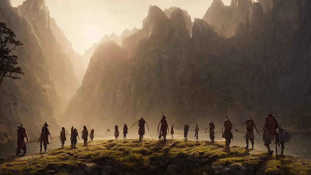 Image similar to highly detailed image of a group of indigenous travelers, walking in a line, traditional clothing, unreal engine, fantasy art by greg rutkowski, mountains, lake, hunter, by greg rutkowski, cgsociety, ferdinand knab, rossdraws, tom bagshaw, global illumination, radiant light, detailed and intricate environment