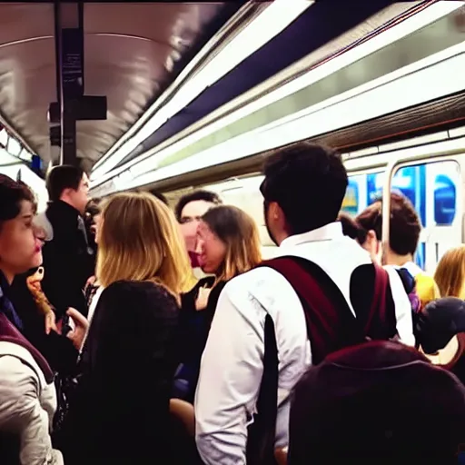 Image similar to A group of friends talking while standing inside a crowded compartment of the New York metro on Halloween, cinematic, 4k, thriller