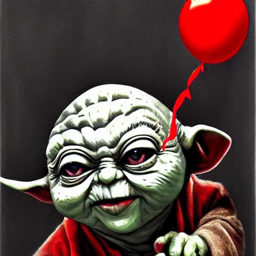 Image similar to surrealism grunge cartoon portrait sketch of yoda with a wide smile and a red balloon by - michael karcz, loony toons style, chucky style, horror theme, detailed, elegant, intricate