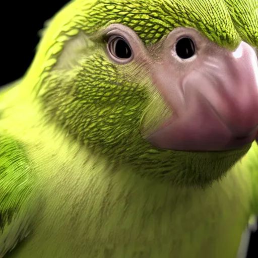 Image similar to photorealistic high resolution 3 d render of kakapo portrait, unreal engine 5, trending on artstation, volumetric lighting, subsurface scattering, highly detailed realistic human skin texture