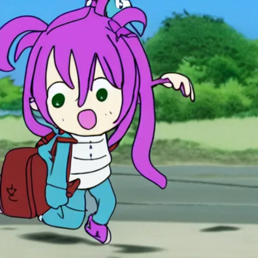 Image similar to frog running late for school, anime screenshot, shonen