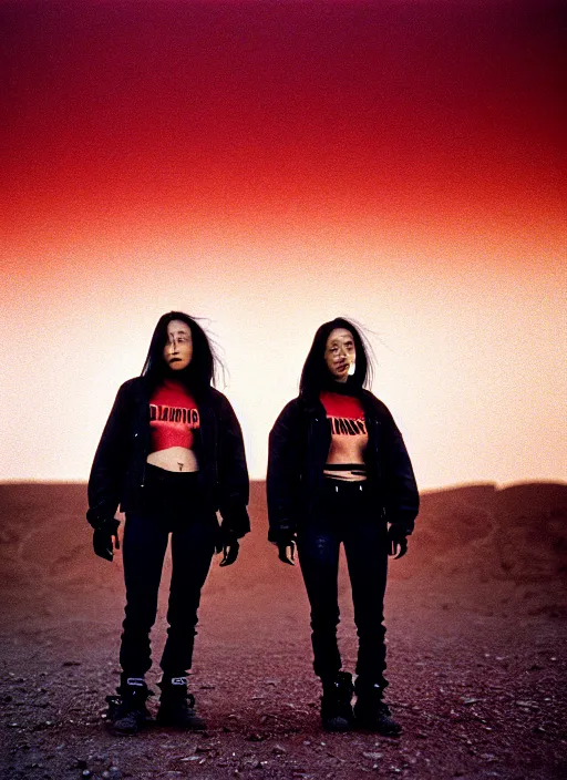 Image similar to cinestill 5 0 d photographic portrait of two loving clones, women wearing rugged black techwear on a desolate plain with a red sky, extreme closeup, diverse species, cyberpunk, in front of a brutalist dark metal facility, dust storm, 3 5 mm, 8 k, f / 3 2, high resolution, ultra realistic faces, beautiful faces