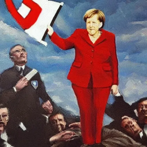 Prompt: a classic painting of angela merkel standing heroically on a pile of dead bodies while waving the nazi flag