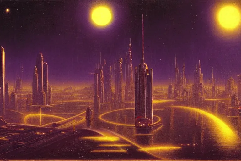 Image similar to a scifi illustration, Night City on Coruscant by martin johnson heade