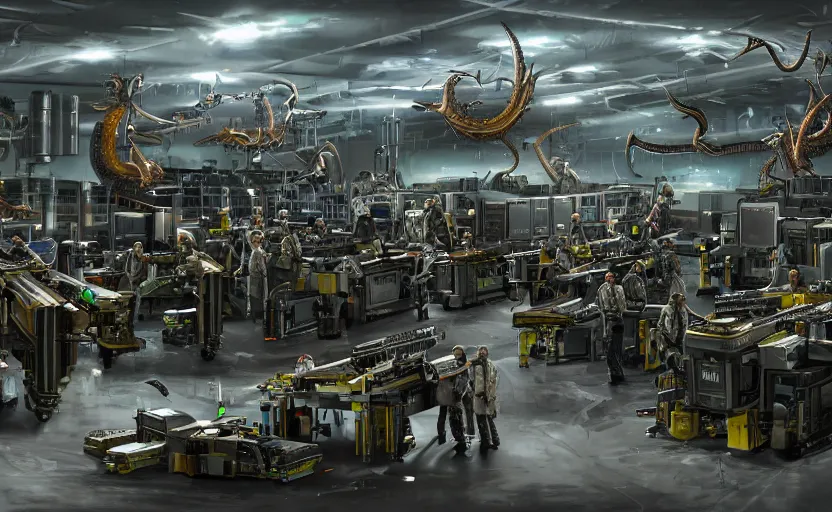 Image similar to epic scenic shot, highly detailed weapons laboratory, clean and organized, quantum technology, ran by a goan supercomputer, bright lights, warehouse, with giant sharp mechanical dragon parts in the middle, with a couple anthropomorphic wolf researchers in military uniforms, carrying guns, tables, parts, gun scraps, windows, epic lighting, sci fi, Extremely detailed digital art, furry art, furaffinity, DeviantArt, HD artstation