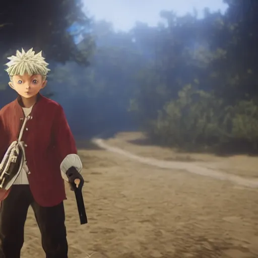 Prompt: killua dual-wielding in red dead redemption 2, cinematic shot, night time