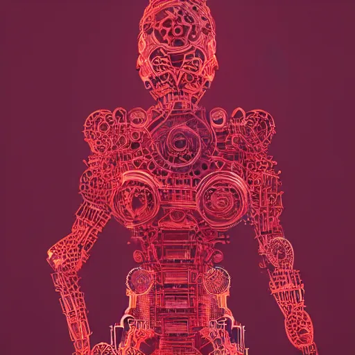 Image similar to digital, 2 dmatte, painting, illustration, abstract, illustration art, photoshop, fantasy, matte painting, abstract, red woman, intricate lines, made of tiny gears and robot parts