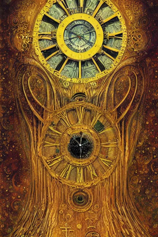 Image similar to The Helliquary by Karol Bak, Jean Deville, Gustav Klimt, and Vincent Van Gogh, otherworldly, fractal structures, arcane, clockface, spiral clock, inferno, inscribed runes, reliquary, infernal relics, ornate gilded medieval icon, third eye, spirals