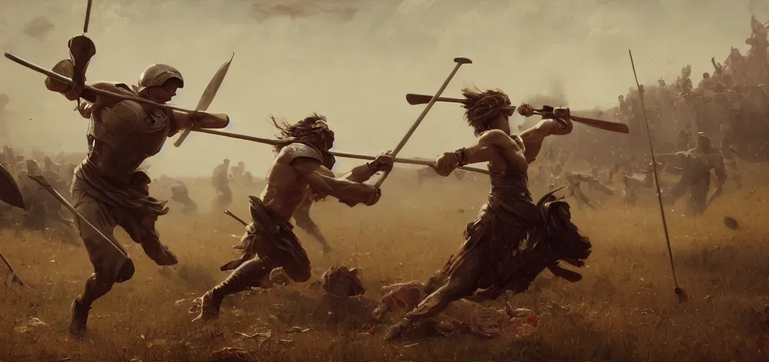 Image similar to Throwing a javelin into the back of a friend, spartan, wide shot, small scale, intimate moment, octane render, 8k, by Greg Rutkowski Ilya Repin Greg Duran