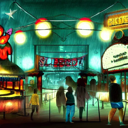 Prompt: amusement park at night, stuffed animals, game'silent hill'digital art