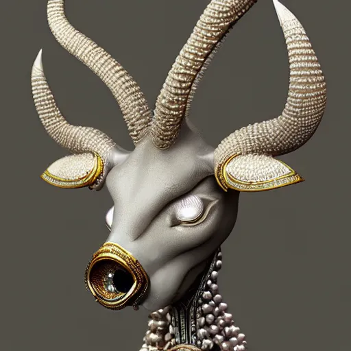 Image similar to kudu mask made of pearl beads : by michal karcz, daniel merriam, victo ngai and guillermo del toro : ornate, dynamic, particulate, intricate, elegant, highly detailed, centered, artstation, smooth, sharp focus, octane render