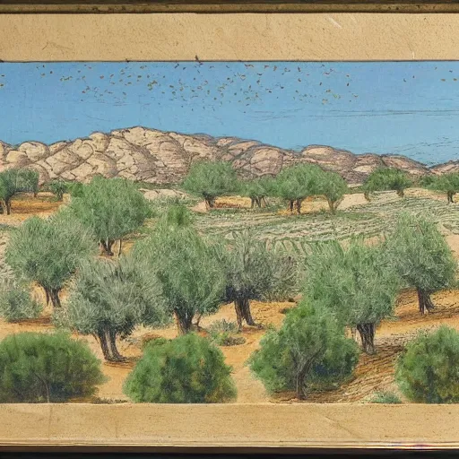 Image similar to a small town with olive trees in the desert by Reuven Rubin, detailed, brown and green color palette