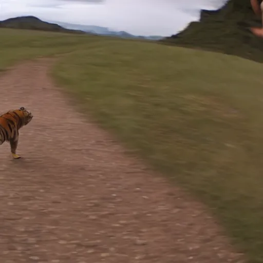 Image similar to screenshot of go pro footage from front view emma watson running in front of tiger