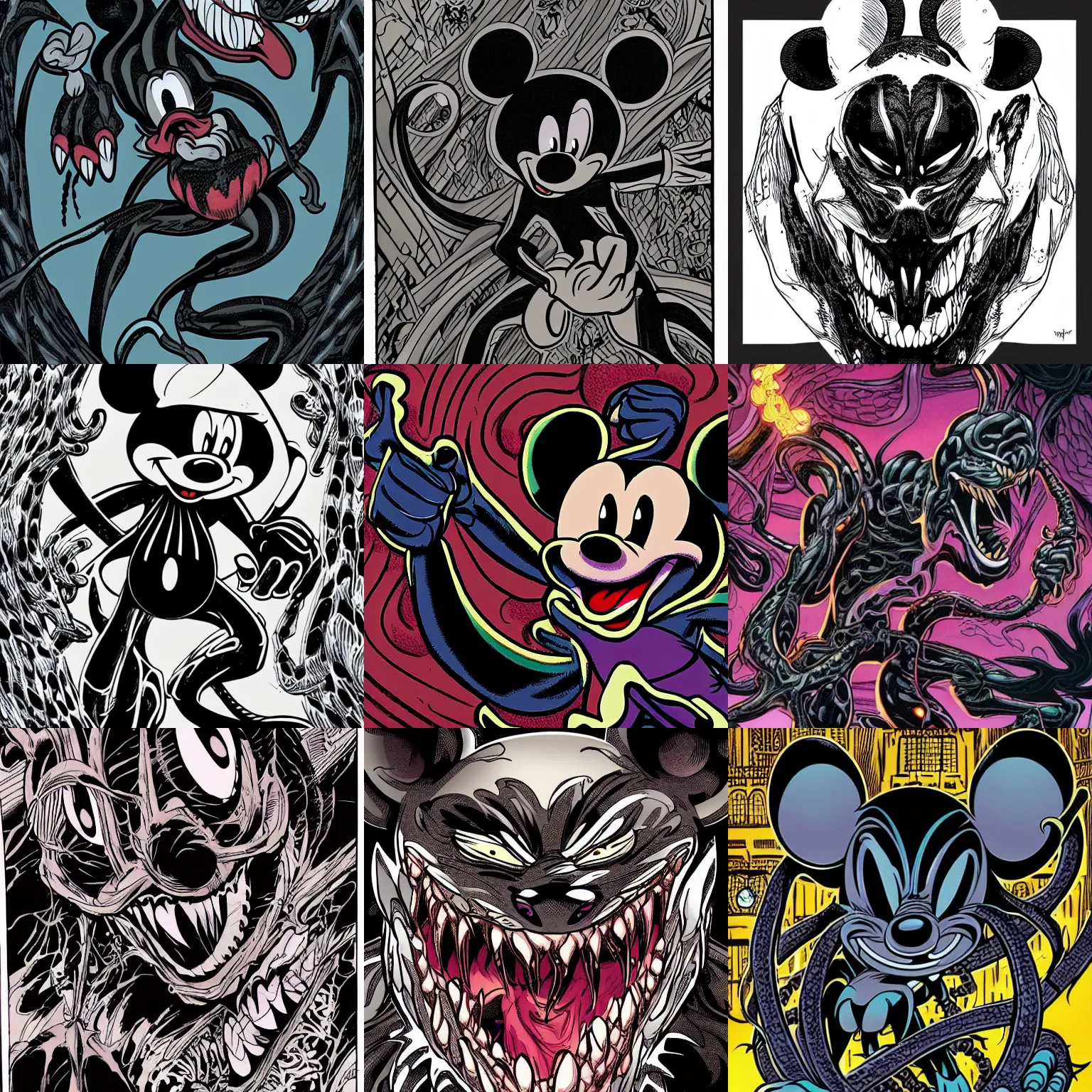 Prompt: mickey mouse venomized venom detailed nightmarish intricate