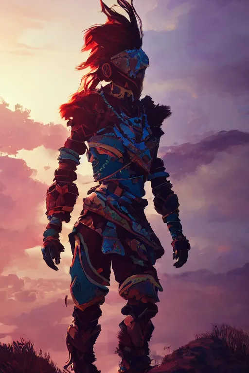 Image similar to combination suit armor aloy horizon forbidden west horizon zero dawn radiating a glowing aura global illumination ray tracing hdr fanart arstation by ian pesty and alena aenami artworks in 4 k tribal robot ninja mask helmet backpack