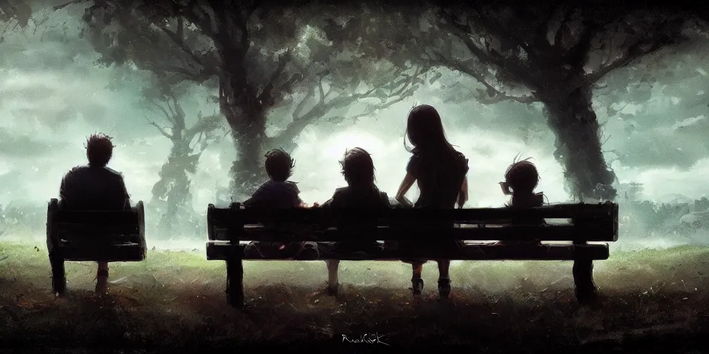 Image similar to a family with sorrow faces sitting on a bench, dramatic sky, close up shot, anime art, Greg Rutkowski, dramatic lighting