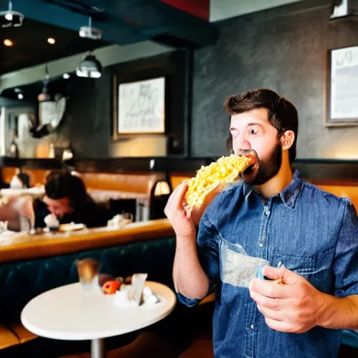 Image similar to a man standing in a busy restaurant while mac n' cheese projectile vomits from his open mouth. The cheese is everywhere. Photograph.