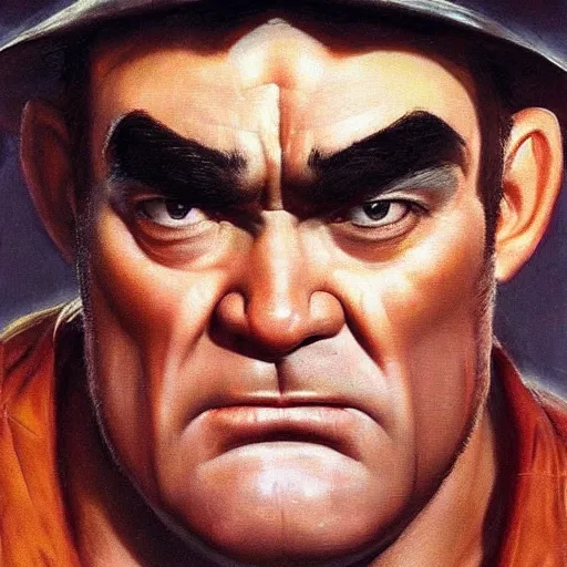 Image similar to ultra realistic david koechner as sagat from street fighter, painting by frank frazetta, 4 k, ultra realistic, highly detailed,