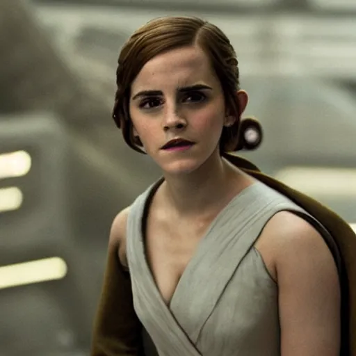 Prompt: A still of Emma Watson in Star Wars movie as Leia