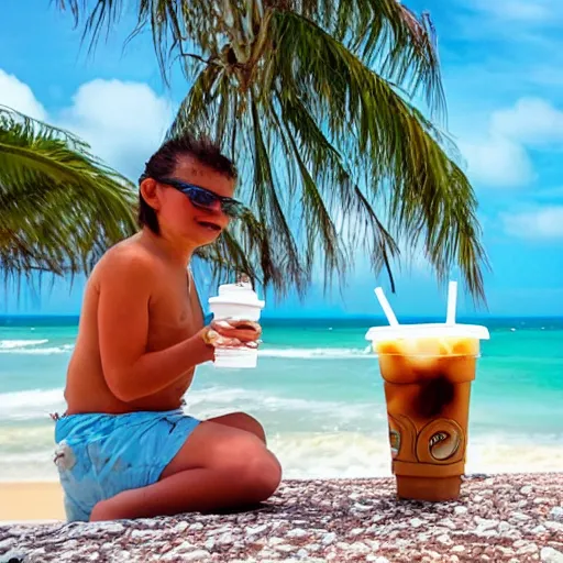 Image similar to 2 monkeys having iced coffee at a beach in the puerto rico