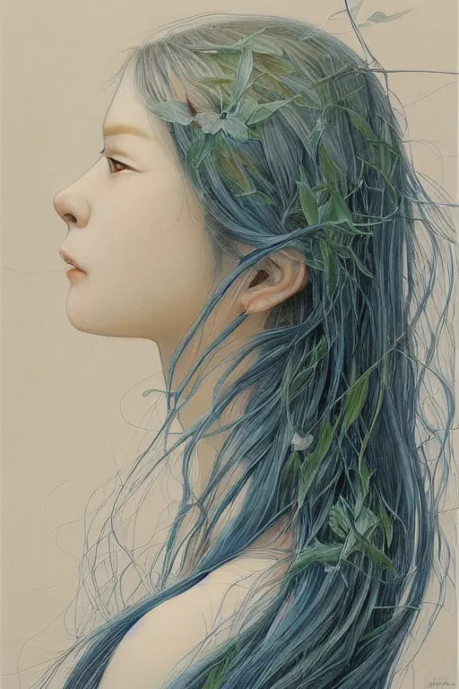 Prompt: a Female Portrait by Miho Hirano, realistic, detailed, blue, green tonalities, beautiful collage technique including flora, branches, birds, butterflies, beautiful Fantasy detailed trending on artstation, oil painting, high quality print, fine art with subtle redshift rendering