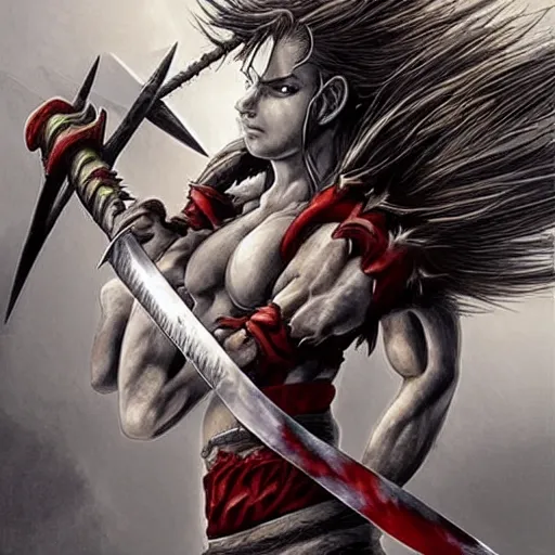 Image similar to realistic art style, warrior girl, muscular girl, wild spiky red saiyan hair, long spiky hair, electrified hair, holding scimitar made of bone, scimitar, sword, jagged sword, curved sword, orkish sword, colorized, gray skin, hyper - detailed, primeval fantasy, prehistoric fantasy, art by jacques - louis david