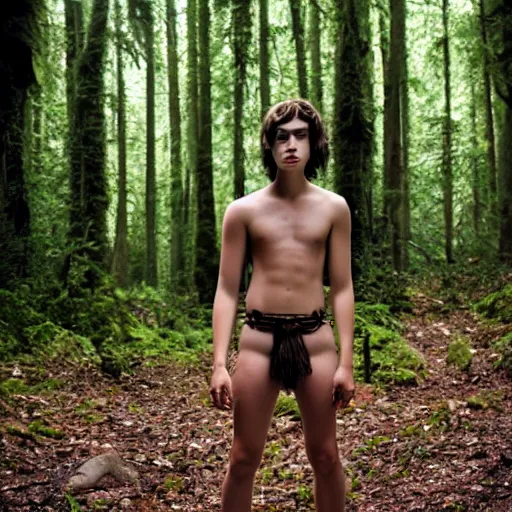 Image similar to a teenage boy, around 1 9 yo. looking sad. natural brown hair. loincloth, pale skin. detailed face. ominous and eerie looking forest i'm background. natural colors.