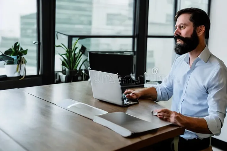 Prompt: a white man with dark hair and a trimmed dark beard is in his office during the day and is drinking coffee while having a zoom meeting on his laptop, free stock photo, no watermark