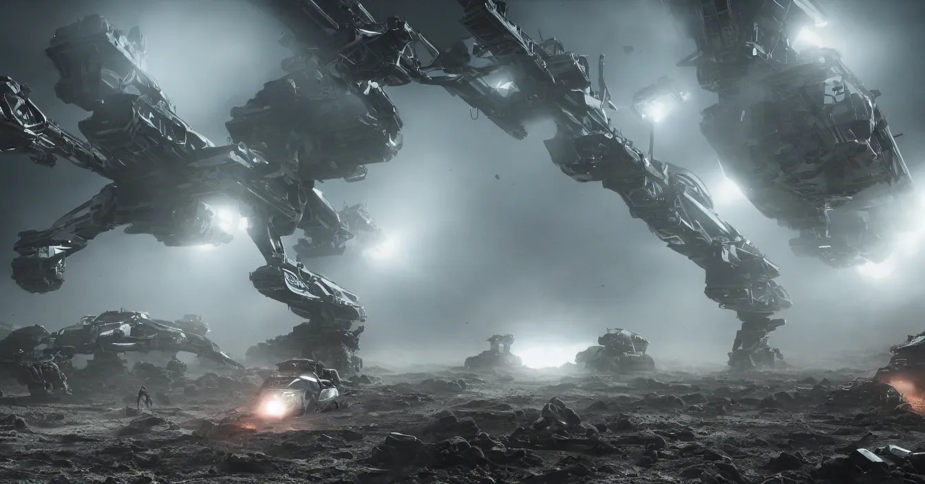 Image similar to realistic image from scifi movie with alien machine running against world army, in futuristic battleground, particles with difractions, reflections, volumetric fog light, dark atmosphere, dramatic cinematic composition, depth, defocus, rendered in vray, raytracing, raymarching, by ilm, digital domain, weta digital