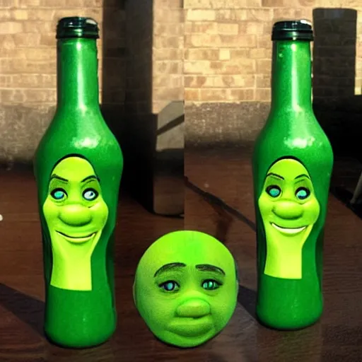 Image similar to a bottle inspired by shrek's design, ia bottle n the shape of shrek