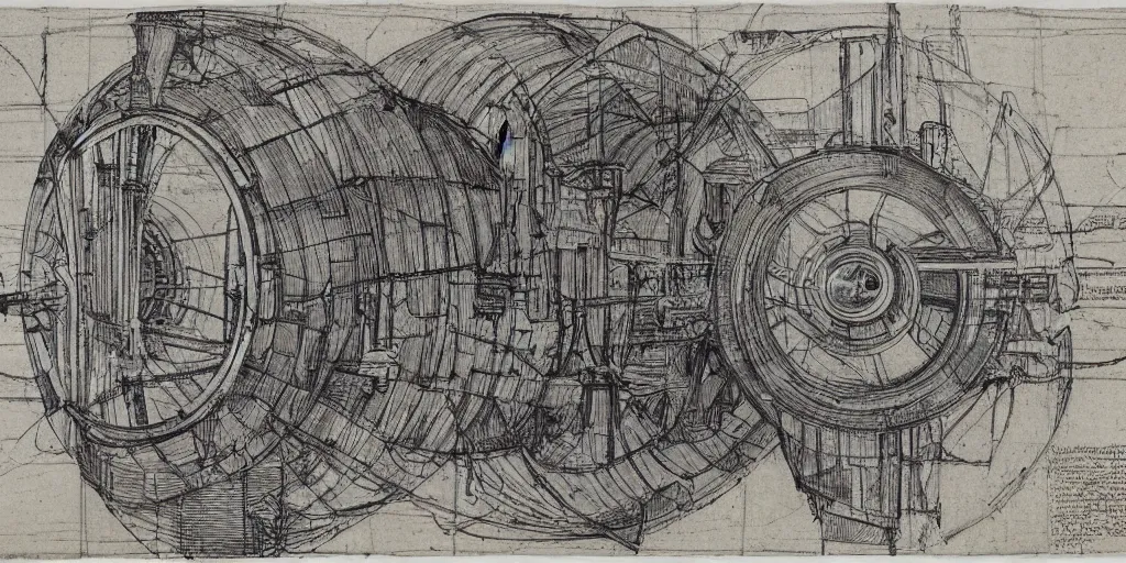 Prompt: leonardo da vinci color intricate full page scan blueprint of an environmental turbine machine, on paper, sketch ink style, :: ultra-detailed technical precision :: mixed media with white and silver lines, realistic composition, point of interest at golden ratio, light from right, more darkness on the bottom, monumentally art composition, high quality of sketching with subtle hairlines, highly detailed rounded forms, inside out and outside in, octane render