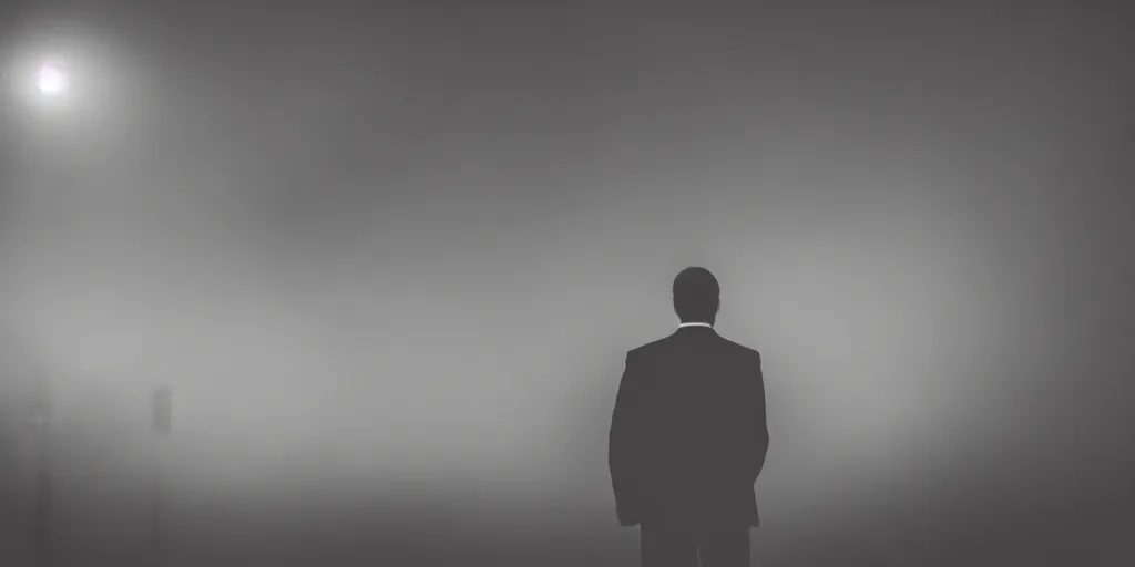 Prompt: a man wearing a dark suit, cinematic, 8 5 mm anamorphic lens, atmospheric, hazy, lights in the distance, depth of field