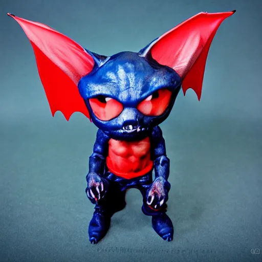 Image similar to detailed full body of scary giant mutant dark blue humanoid pygmy-bat, glowing red eyes flying above a stormy ocean, sharp teeth, acid leaking from mouth, realistic, giant, bat ears, bat nose, bat claws, bat wings, furred, covered in soft fur, detailed, 85mm f/1.4