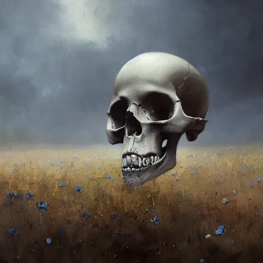 Prompt: Single blue flower growing from a skull on an ashen field, apocalyptik city, clouded sky, oil painting, by Greg Rutkowski