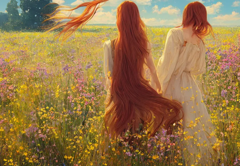 Image similar to a woman seen from behind from a distance with copper hair and a flowing yellow sundress dancing in a field of wildflowers, with cute - fine - face, pretty face, realistic shaded perfect face, fine details by realistic shaded lighting poster by ilya kuvshinov katsuhiro otomo, magali villeneuve, artgerm, jeremy lipkin and michael garmash and rob rey