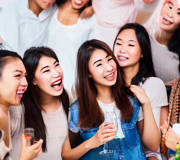 Prompt: large group of young eurasian woman having a house party, drinking, laughing, XF IQ4, 150MP, 50mm, F1.4, ISO 200, 1/160s, natural light