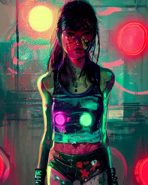 Image similar to detailed portrait Neon boxer Girl, cyberpunk futuristic neon, reflective crop top and shorts, boxing gloves, decorated with traditional Japanese ornaments by Ismail inceoglu dragan bibin hans thoma greg rutkowski Alexandros Pyromallis Nekro Rene Maritte Illustrated, Perfect face, fine details, realistic shaded, fine-face, pretty face