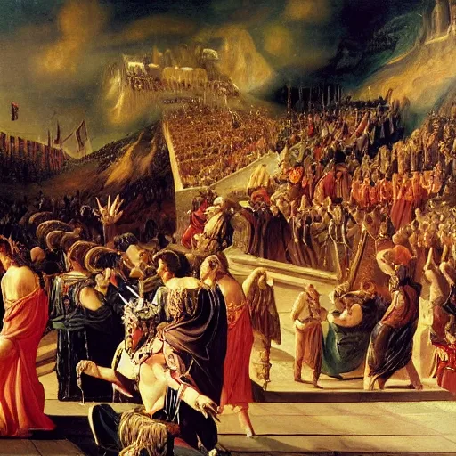 Prompt: the madness of nero, historically accurate, by various popular artists, oil painting on canvas, epic, cinematic,