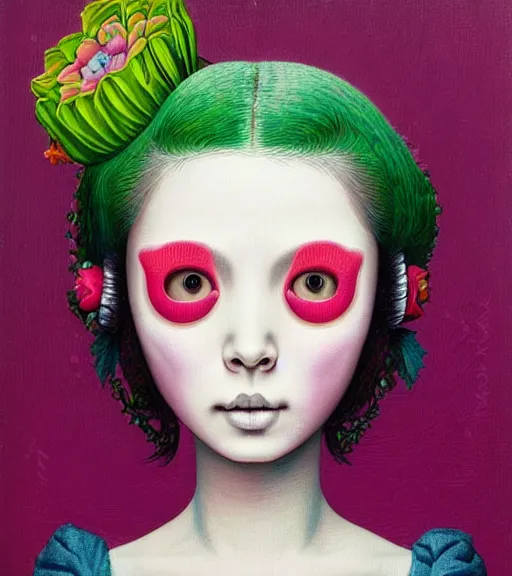 Image similar to portrait of a flowerpunk girl's face, lowbrow painting by mark ryden and hiroyuki mitsume - takahashi