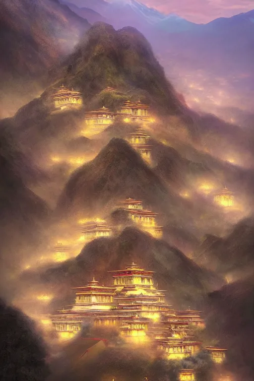 Image similar to Shangri-la at dawn, a Tibetan monastery at the edge of the cliff, powerfull, intricate, elegant, volumetric lighting, digital painting, highly detailed, artstation, sharp focus, illustration, concept art, ruan jia, steve mccurry