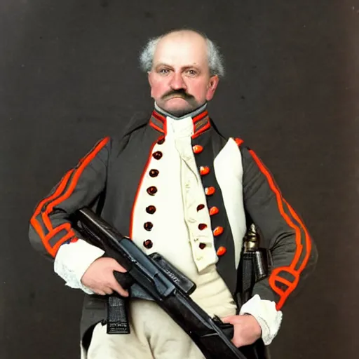 Prompt: 18th century Prussian soldier holding a MP40 submachinegun, award winning portrait photo