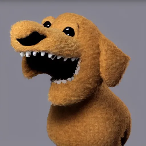 Prompt: a cute, furry dog named chompers with human teeth and his mouth open, highly detailed, very realistic, extra lare