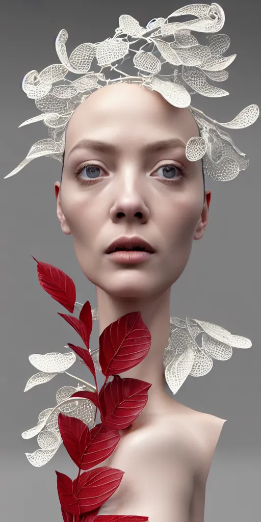 Prompt: complex 3d render ultra detailed of one single beautiful porcelain profile woman face, mechanical cyborg, 150 mm, accent lighting, beautiful studio soft light, rim light, silver gold red details, luxurious, magnolia big filigran ultra detailed leaves and stems, roots, Alexander Mcqueen haute couture, fine foliage lace, mesh wire, beautiful background, filigran intricate details, hyperrealistic, mandelbrot fractal, anatomical, silver metal armor, facial muscles, cable wires, microchip, elegant, white background, beautiful white teeth, beautiful lips, octane render, H.R. Giger style, 8k