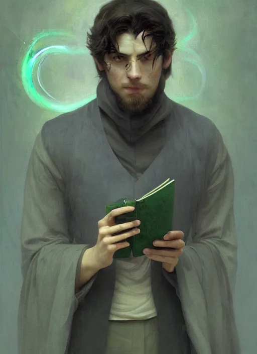 Image similar to character concept portrait of an attractive young clever Spanish wizard with powder-green skin conjuring a nature spell, a floating iridescent spell book in the center, intricate, elegant, digital painting, concept art, smooth, sharp focus, illustration, from Metal Gear, by Ruan Jia and Mandy Jurgens and William-Adolphe Bouguereau, Artgerm