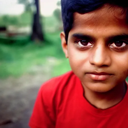 Prompt: portrait of an indian boy with green eyes and red tshirt, film still, kodachrome