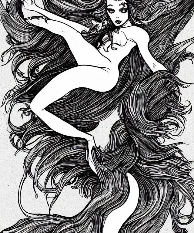 Image similar to black and white illustration, creative design, dark fantasy, beautiful mermaid, full body, swimming in ocean, fish tail bikini top flowing hair