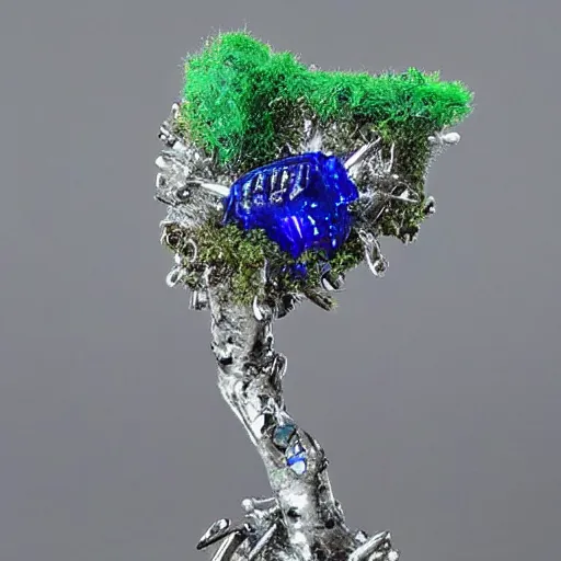 Prompt: mossy branch, blue crystal at tip